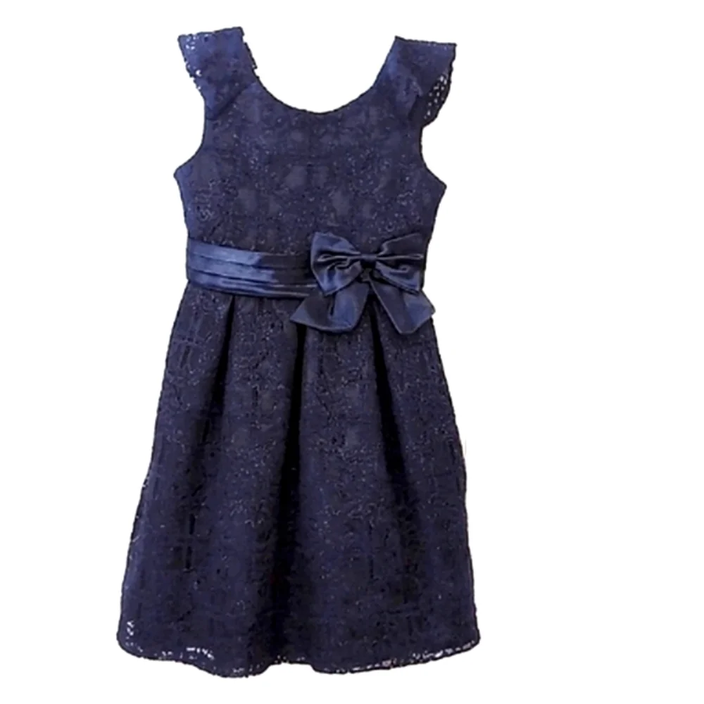 Bonnie Jean Navy Blue Lace Sleeveless Dress With Bow.  Size 8.